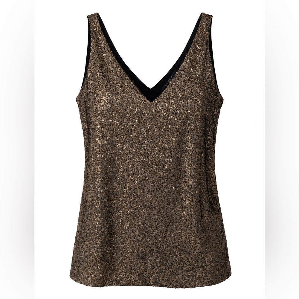 Ralph Lauren Bronze Sequin V-Neck Tank with Black Trim